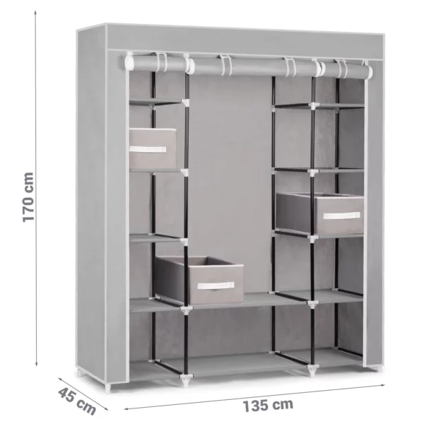 Tekstilni ormar za odjeću, siv, 45x135x170 cm, + ladice | Massido