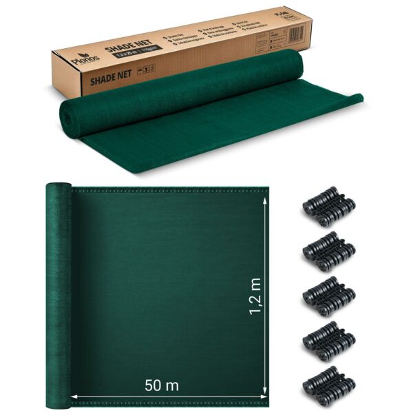 Mreža za sjenu + 50 kopči, 140 g/m2, 1,2 x 50 m, zelena | Plonos - Image 2