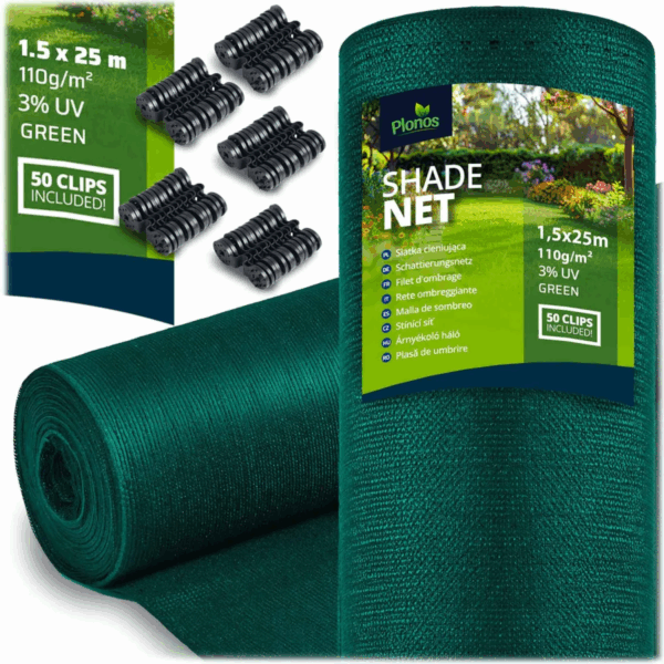 Mreža za sjenu + 50 kopči, 110g/m2, 1,5x25m, zelena | Plonos