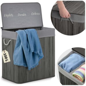Košara za rublje od bambusa s poklopcem, 150L, siva | Massido