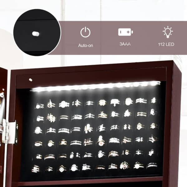 Stojeće ogledalo s kutijom za nakit 2-u-1, LED | smeđa - Image 4