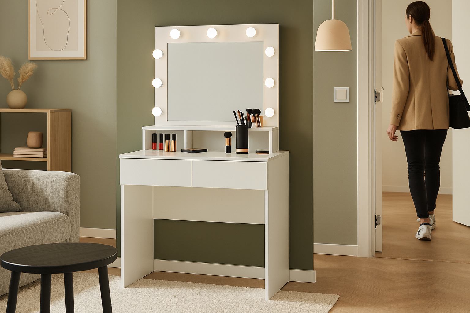 Toaletni stolić s LED rasvjetom, 2 ladice | bijela - Image 3