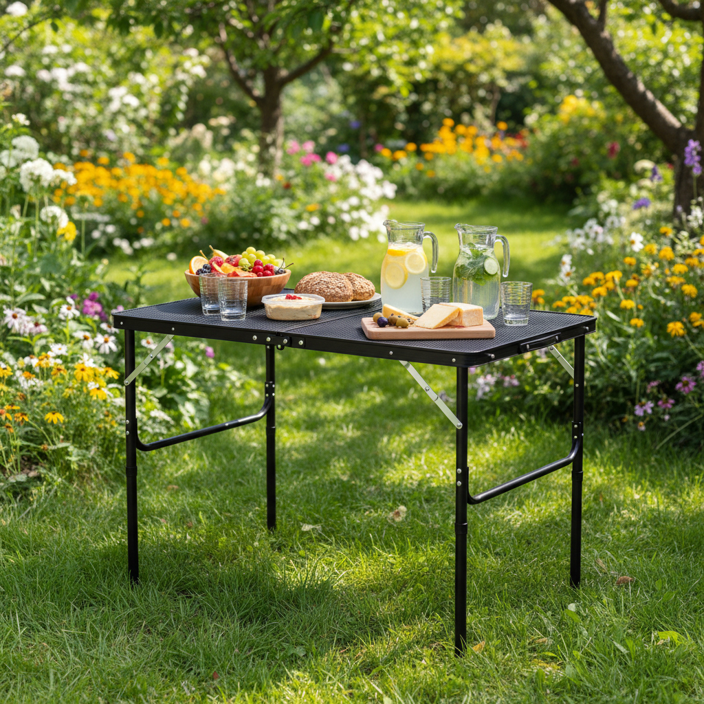 Sklopivi turistički stol, 90x60x40/70cm | crni - Image 5